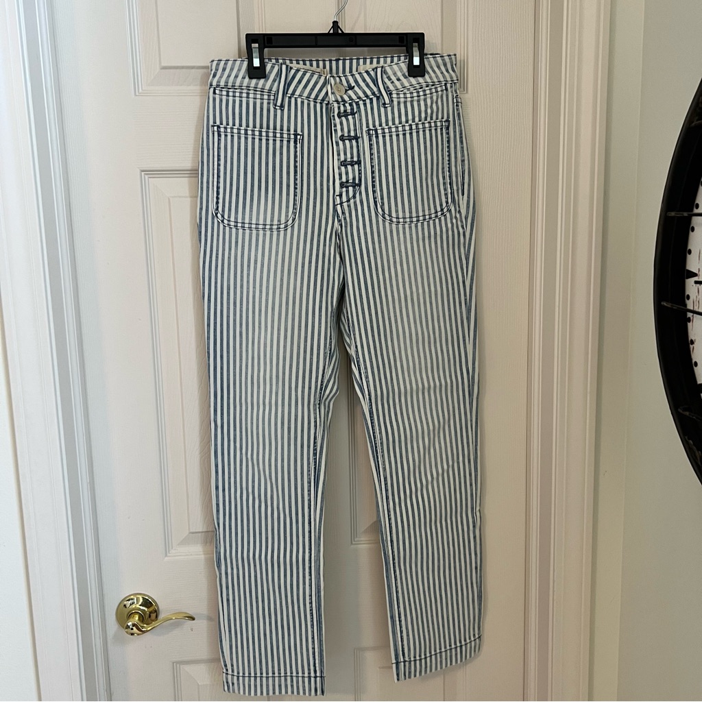 Anthropologie Striped Cropped Jeans Blue And White Size 27